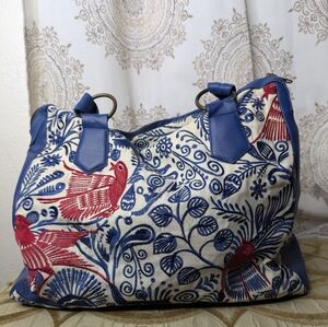 Khaadi Blue Faux Leather Embroidered Red White Bird Floral Indian Print Tote Bag